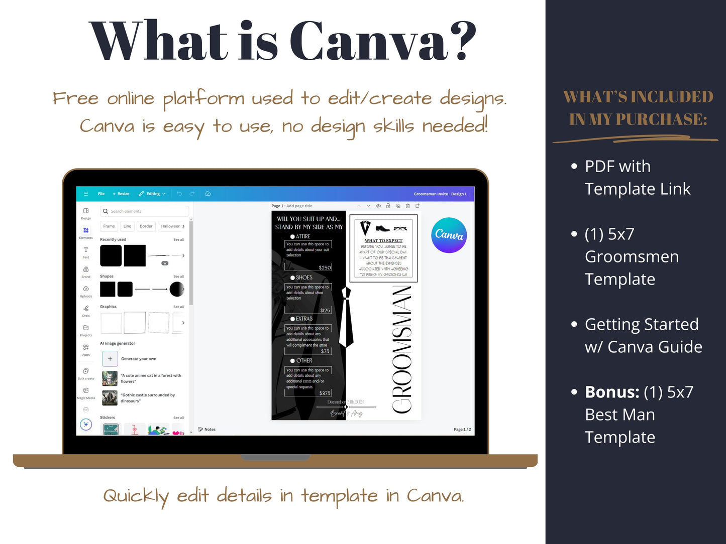 Editable Groomsman Info Card | Groomsman Proposal Template | Bridal Party Details Card | Will you be my Groomsman - GMD1