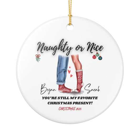 "Naughty or Nice” Couples Custom Christmas Ornament 2025 – Romantic Gift for Newlyweds or Engaged Couples