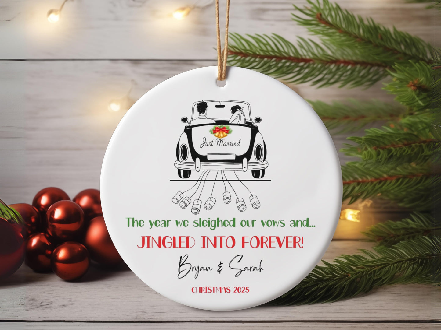 Jingled into Forever 2025 Custom Ornament, Wedding Holiday Gift