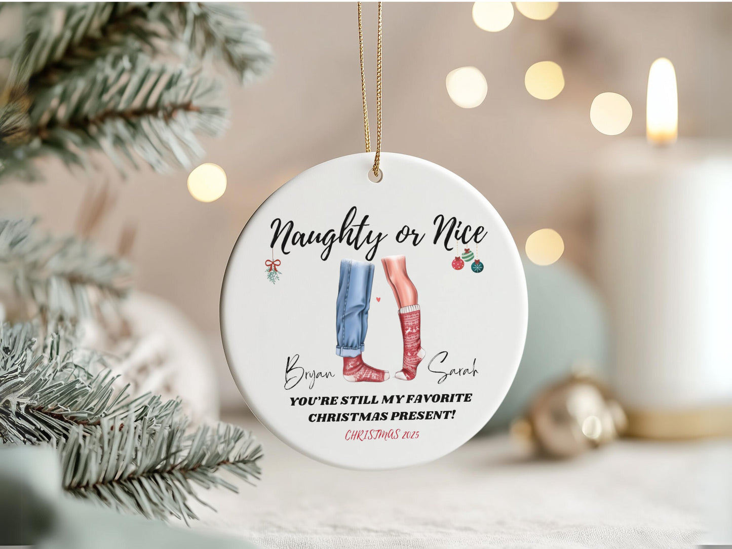 "Naughty or Nice” Couples Custom Christmas Ornament 2025 – Romantic Gift for Newlyweds or Engaged Couples