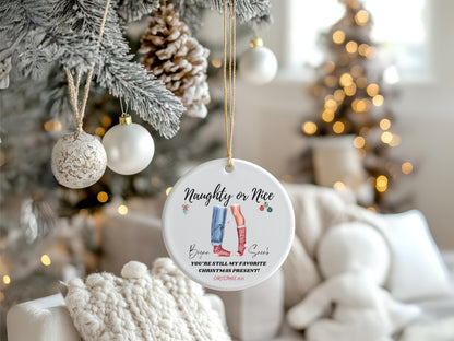 "Naughty or Nice” Couples Custom Christmas Ornament 2025 – Romantic Gift for Newlyweds or Engaged Couples