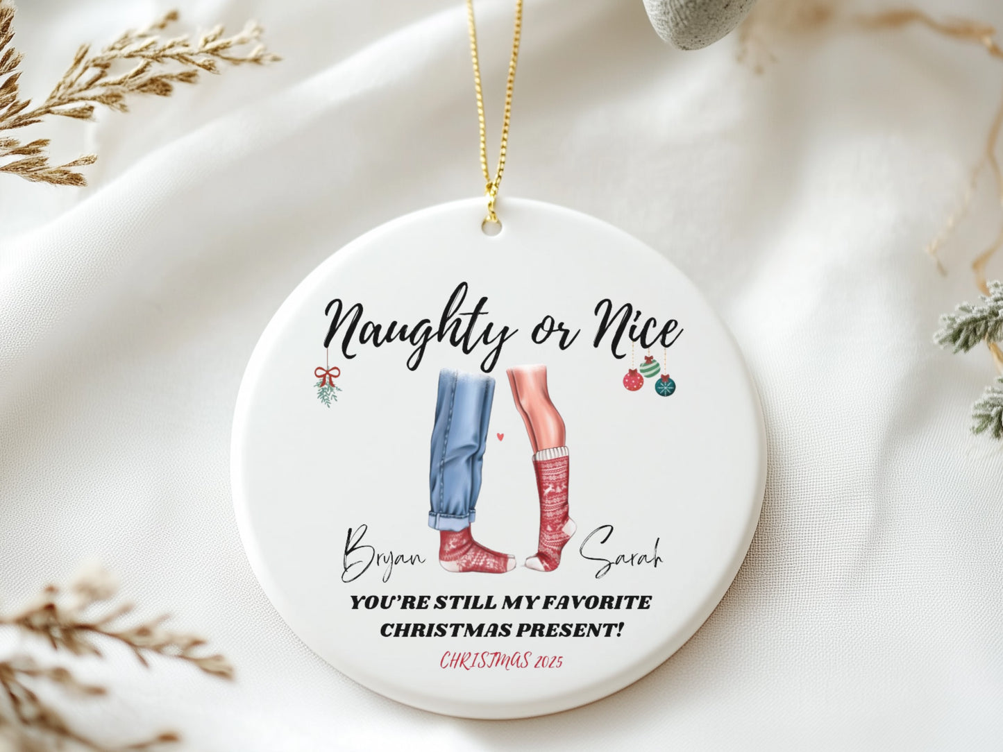 "Naughty or Nice” Couples Custom Christmas Ornament 2025 – Romantic Gift for Newlyweds or Engaged Couples
