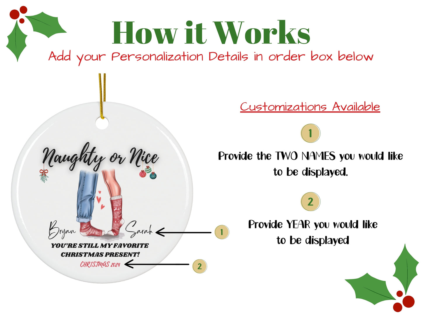 "Naughty or Nice” Couples Custom Christmas Ornament 2025 – Romantic Gift for Newlyweds or Engaged Couples