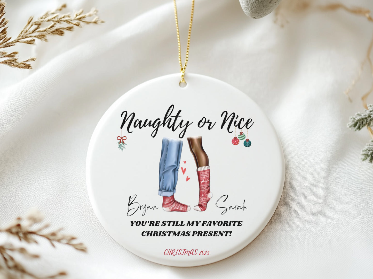 "Naughty or Nice” Couples Custom Christmas Ornament 2025 – Romantic Gift for Newlyweds or Engaged Couples