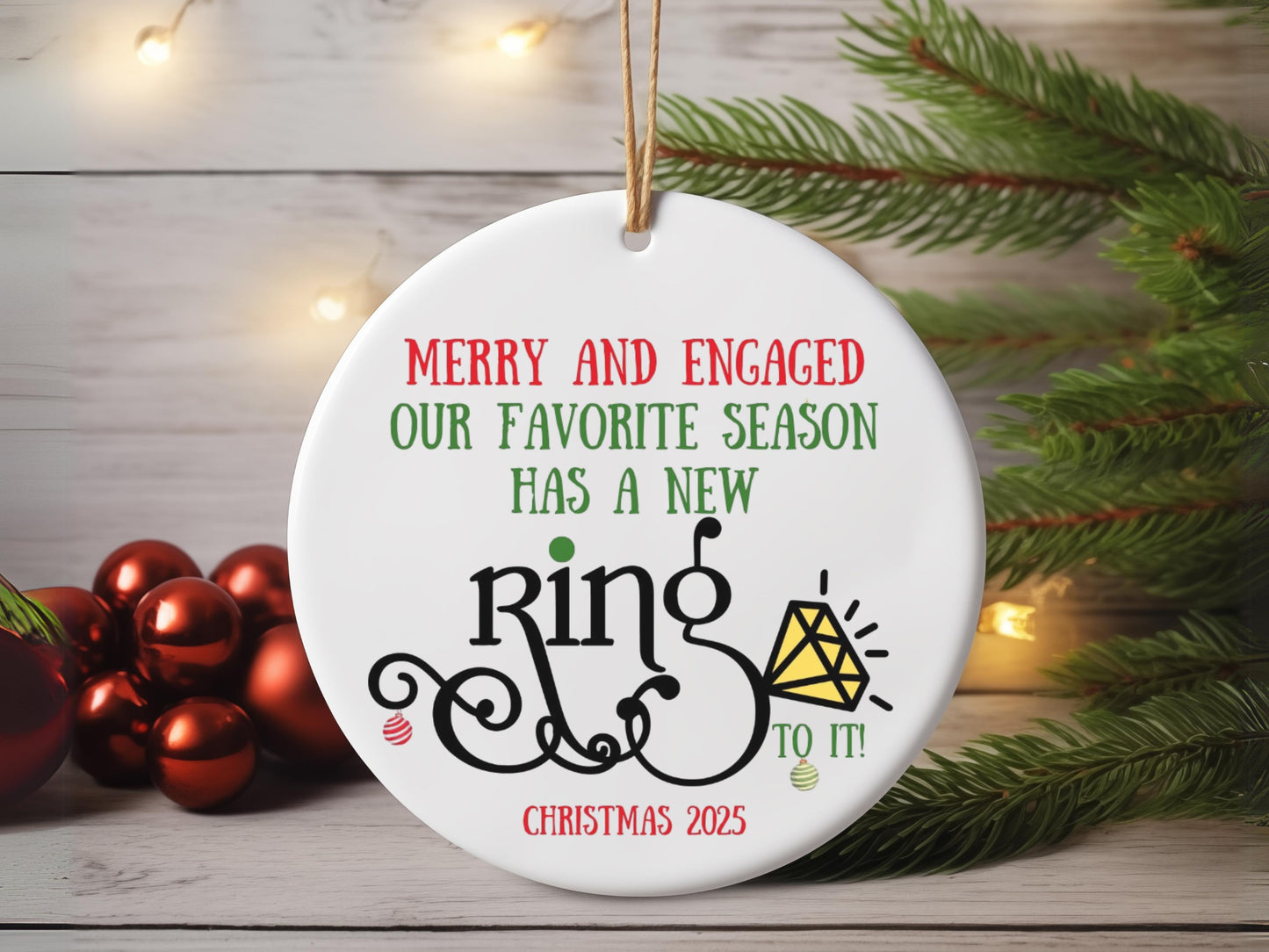 “Merry & Engaged” Christmas Ornament 2025, Newly Engaged Holiday Ornament