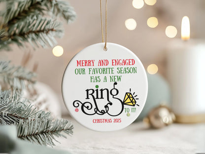 “Merry & Engaged” Christmas Ornament 2025, Newly Engaged Holiday Ornament