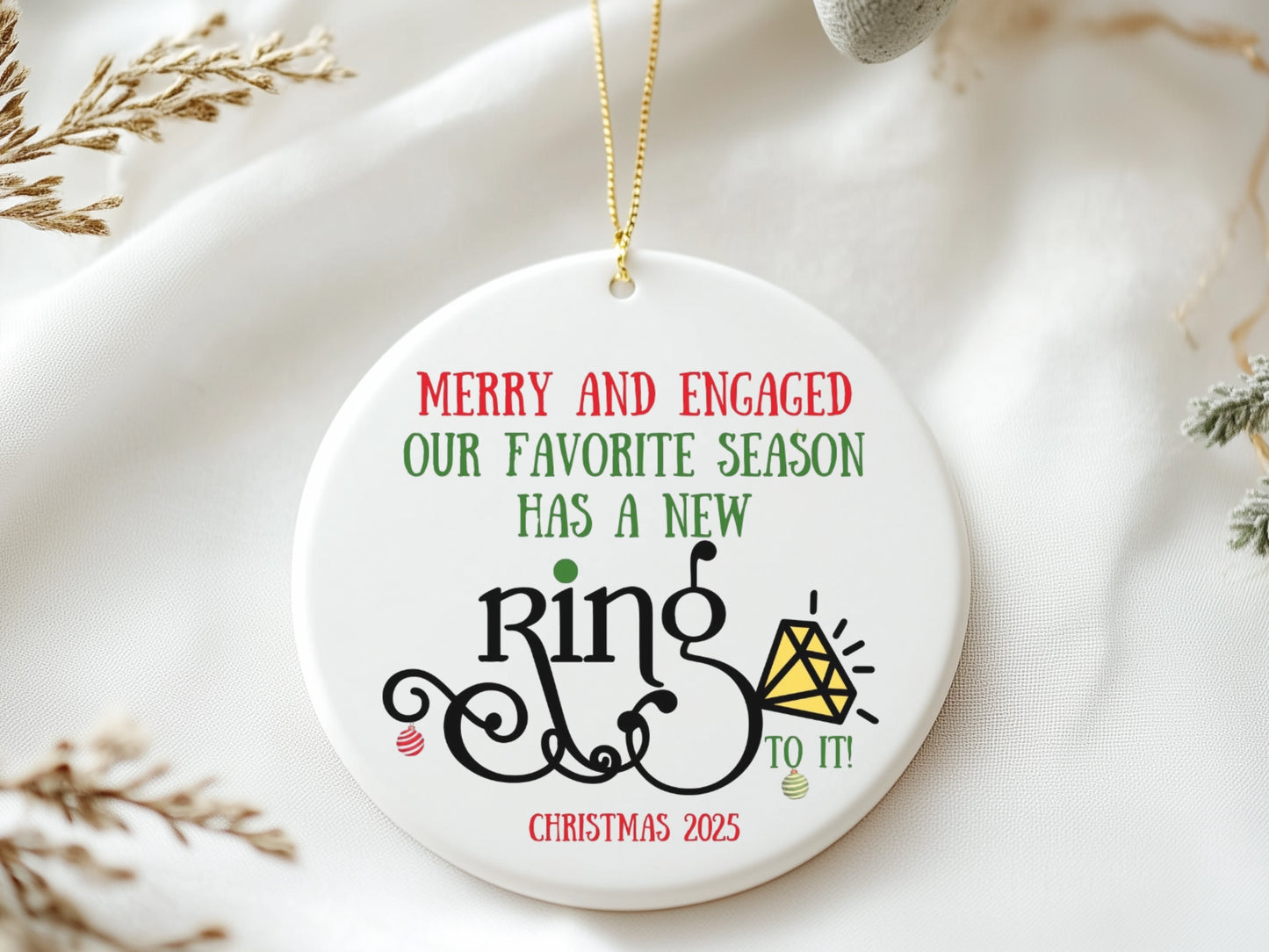 “Merry & Engaged” Christmas Ornament 2025, Newly Engaged Holiday Ornament